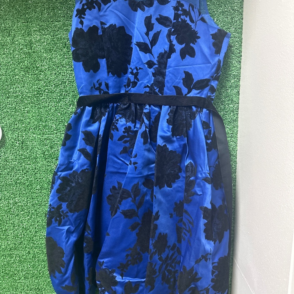 Blue satin and black velvet party dress